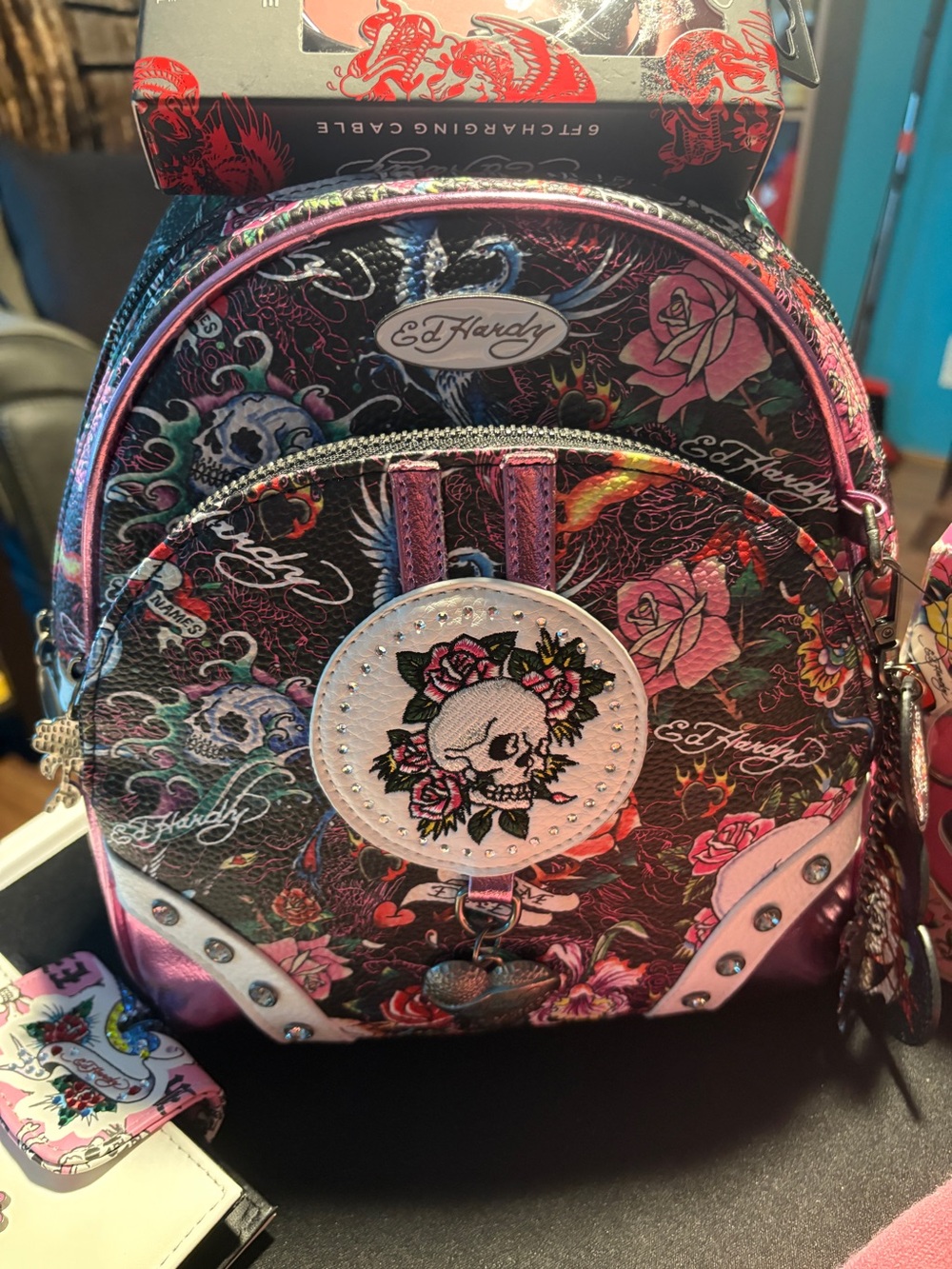Ed Hardy Black and Pink Floral Skull Mini Backpack Bundle